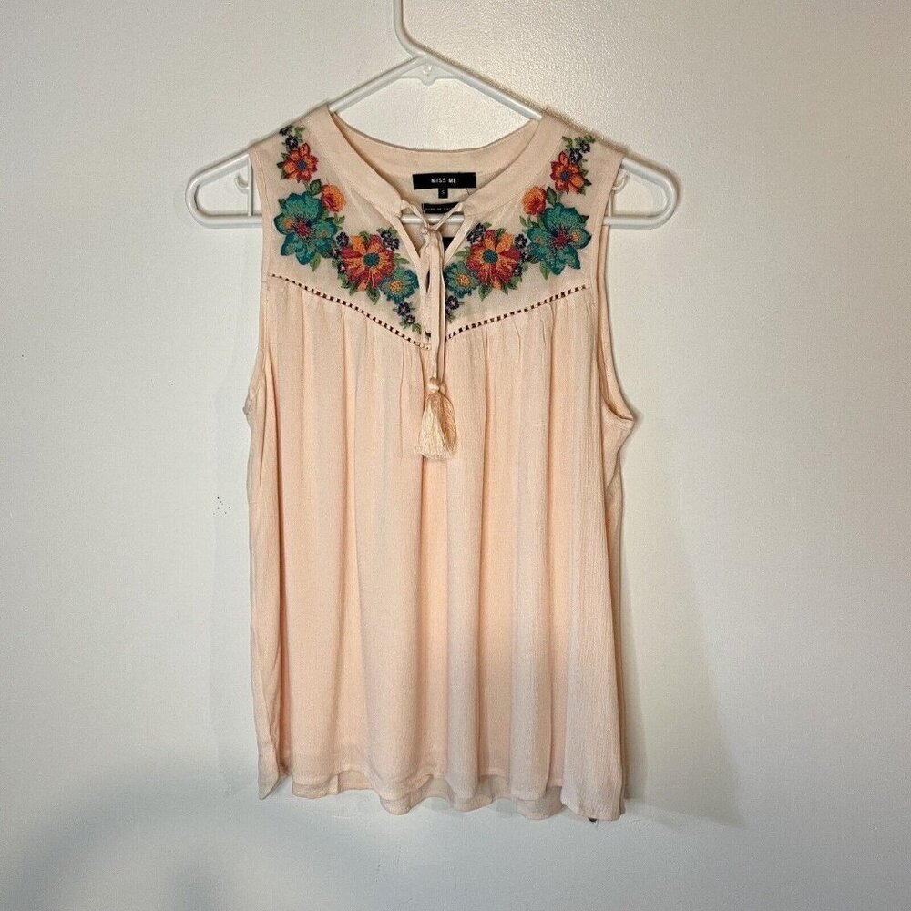 MISS ME women's pink embroidered floral tank top S lined tassels cottagecore - Picture 3 of 10